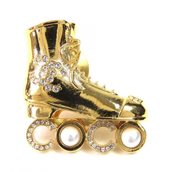 CHANEL Authentic Gold Pearl Logo Brooch